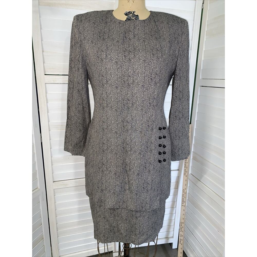 Vintage 80s Michael Blair Women’s Sheath Midi Career Black Tan Dress Sz 6
